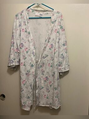Body Drama Womens L Large 46” Kimono Robe Floral White & Pink Vintage